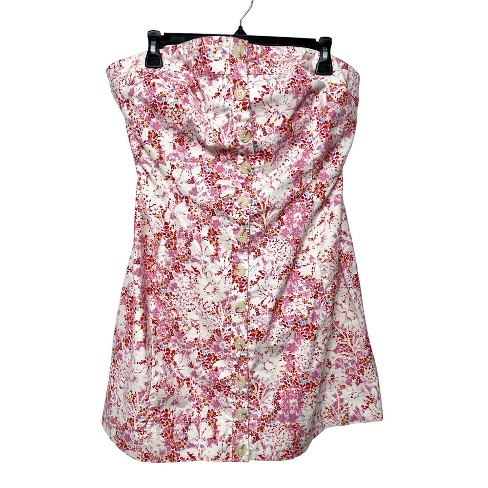 New Free People Strapless Floral Button Front Mini Dress Pink Red XL - Picture 4 of 14